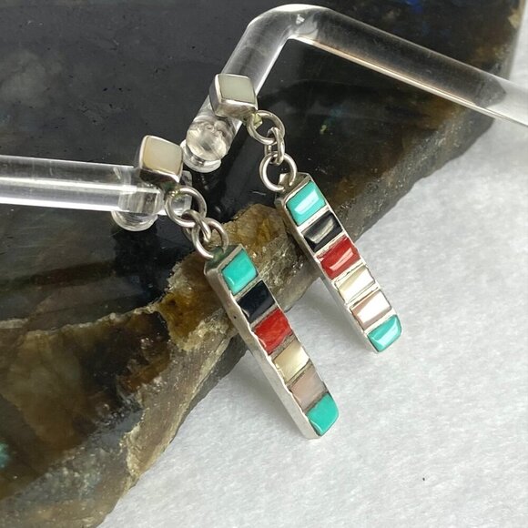 Sterling Silver 925 Multi Gemstone Turquoise Coral MOP Bar Dangle Earrings - Picture 4 of 16